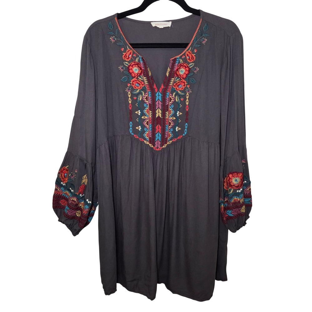 Solitaire Women's XL Charcoal Gray Embroidered Floral Boho Peasant Tunic Dress